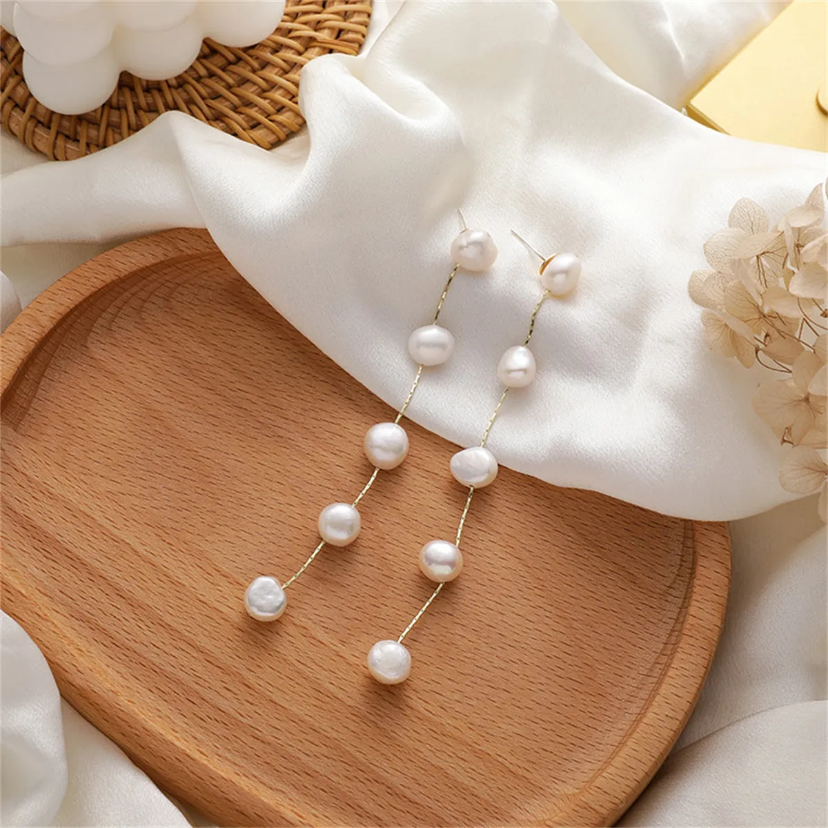 Pearl & 18K Gold-Plated Station Line Drop Earrings