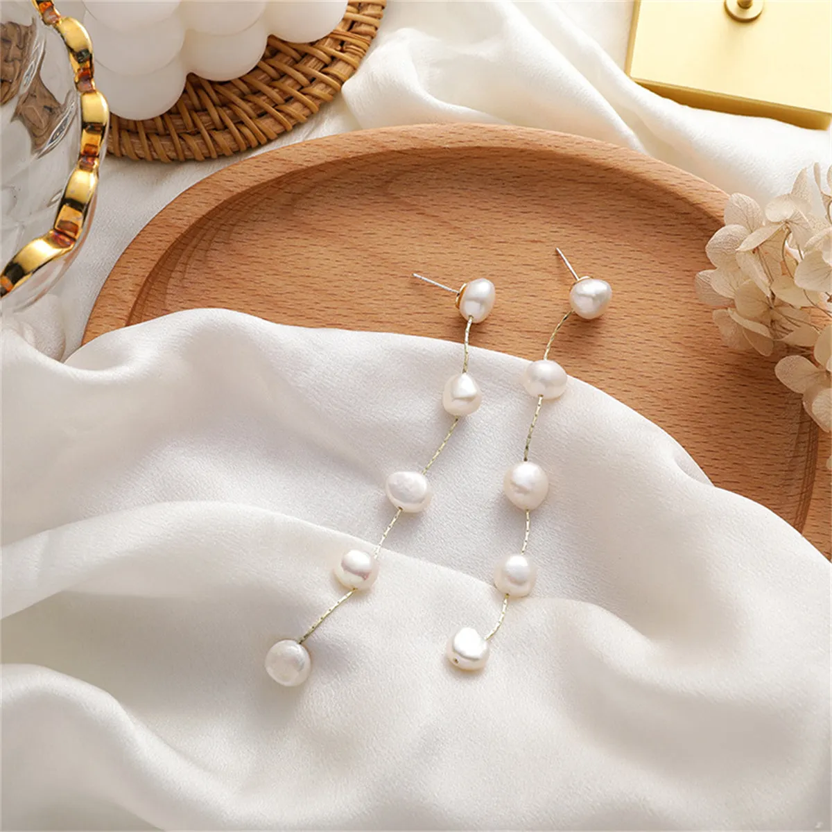 Pearl & 18K Gold-Plated Station Line Drop Earrings
