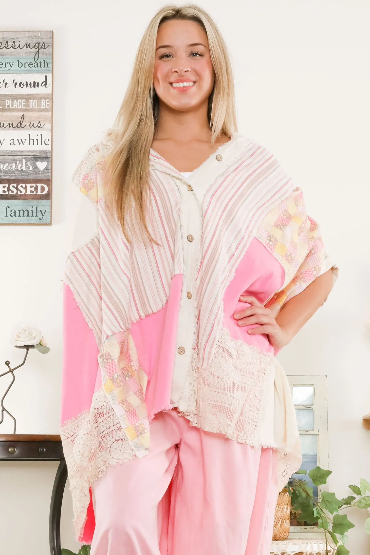 Pink Combo Mixed Fabric Button Down Blue Velvet Hoodie Poncho 2/25/25 9646