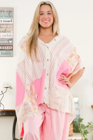 Pink Combo Mixed Fabric Button Down Blue Velvet Hoodie Poncho 2/25/25 9646