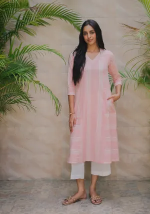 Pink Cotton Handloom Woven Ready-To-Wear A Line Kurtta Set With Cullottes