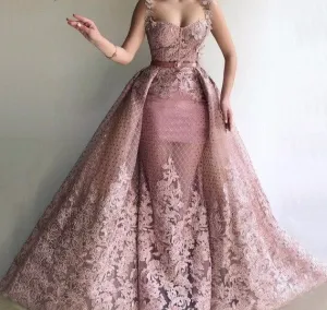 Pink Sleeveless Handmade Flowers Evening Dresses Dubai Mermaid Sexy Long Formal Dress