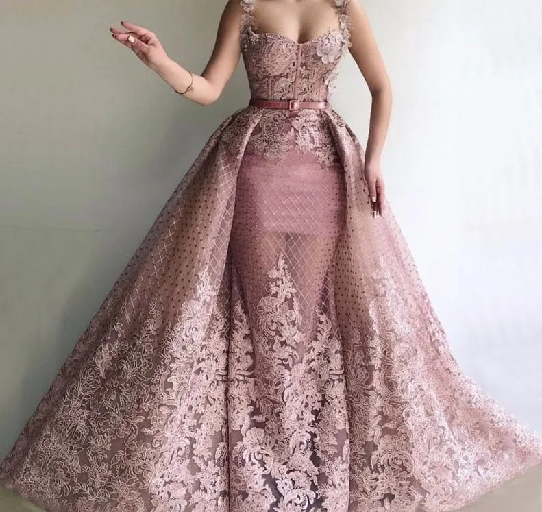 Pink Sleeveless Handmade Flowers Evening Dresses Dubai Mermaid Sexy Long Formal Dress