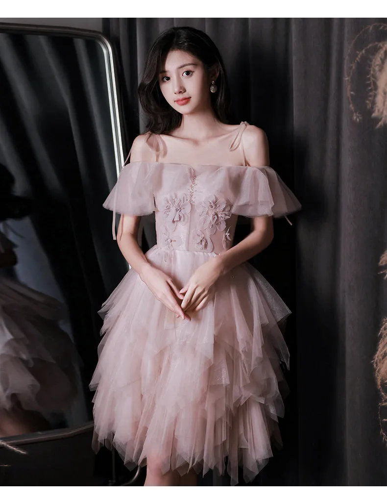 Pink tulle off shoulder short prom dress pink cocktail dress