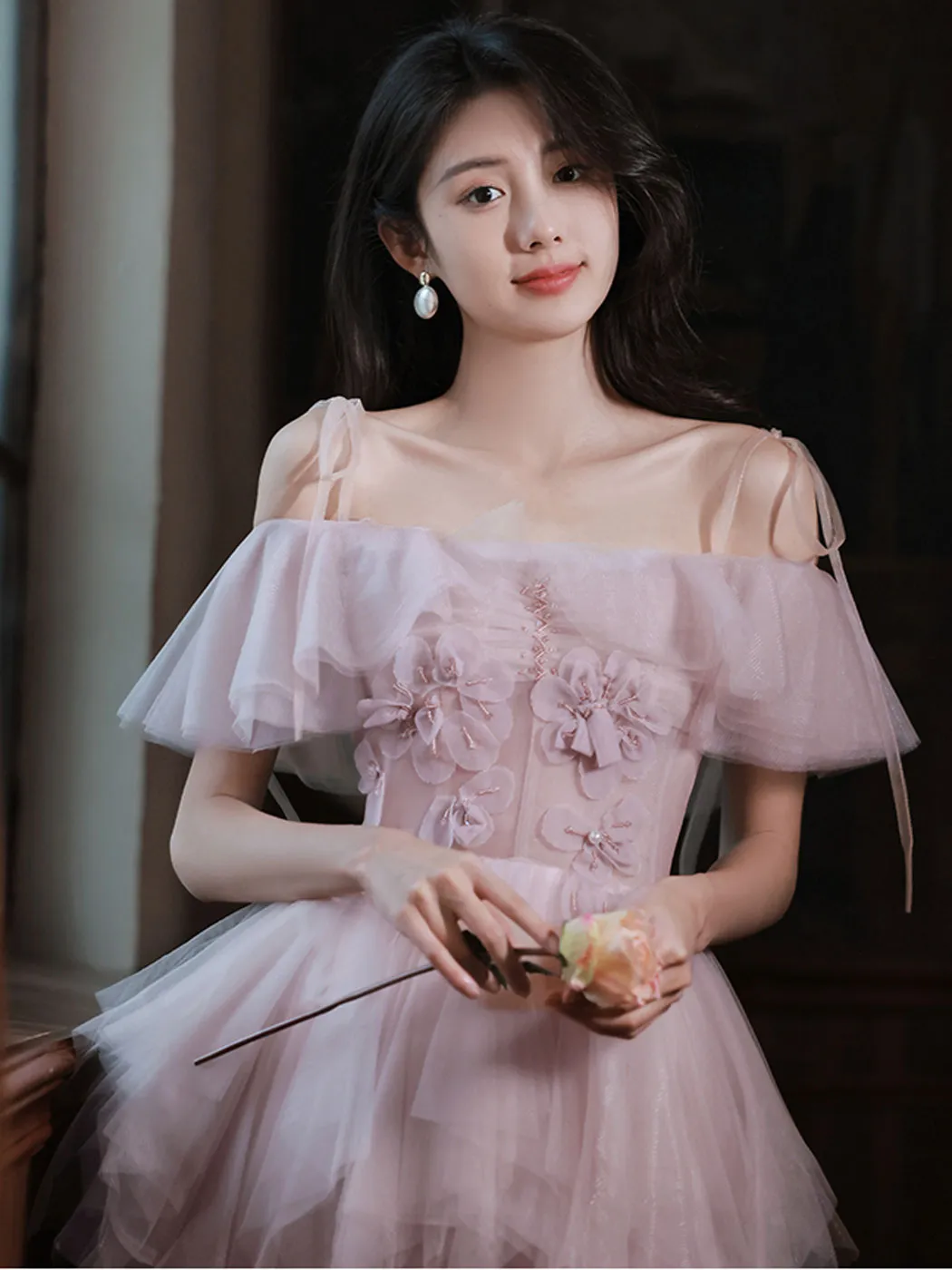 Pink tulle off shoulder short prom dress pink cocktail dress