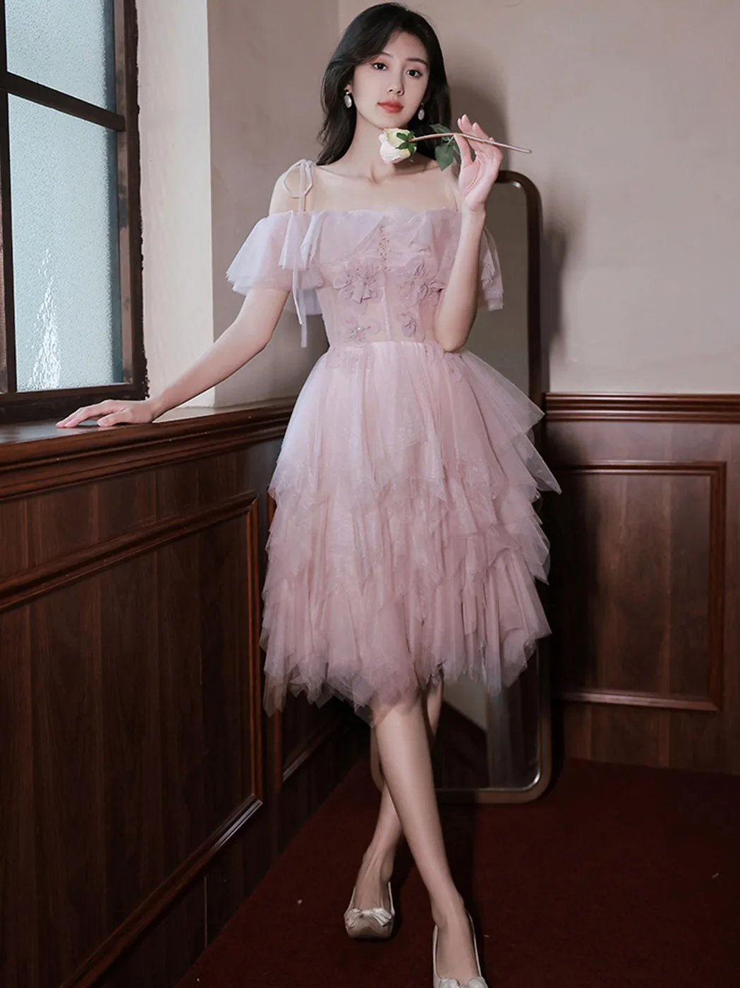 Pink tulle off shoulder short prom dress pink cocktail dress
