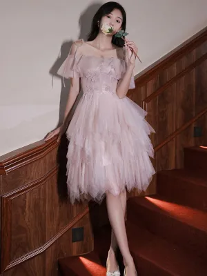 Pink tulle off shoulder short prom dress pink cocktail dress