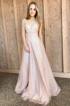 pink v neck tulle sequin long prom dress pink evening dress