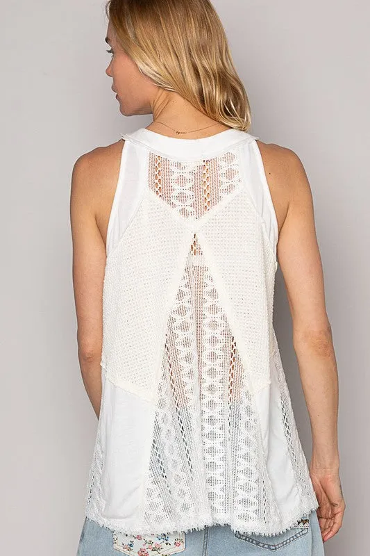 POL Lace Up Crochet Lace Tank