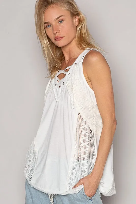 POL Lace Up Crochet Lace Tank