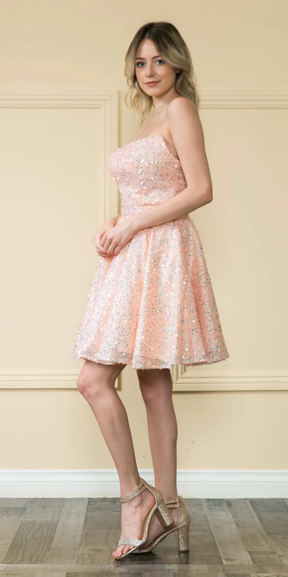 Poly USA 8930 Short A-line Sequins Strapless Dress