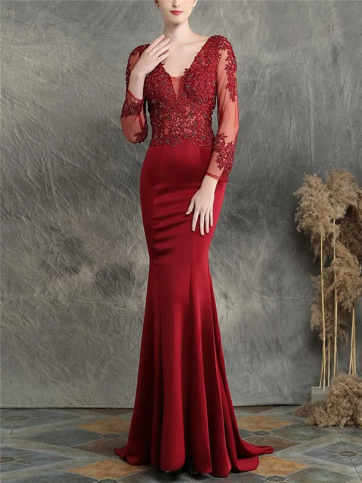 Pretty V Neck Tulle Sleeve Backless Mermaid Dress for Evening Party