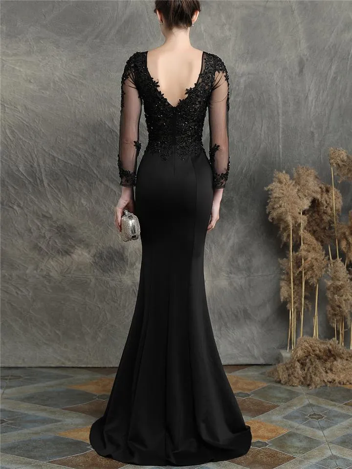 Pretty V Neck Tulle Sleeve Backless Mermaid Dress for Evening Party