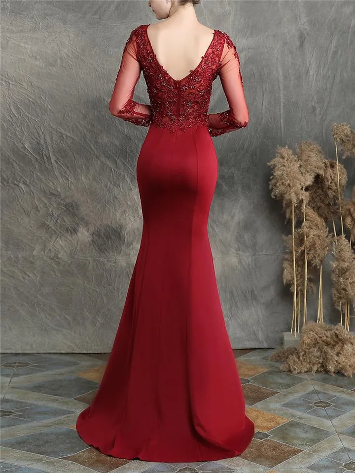 Pretty V Neck Tulle Sleeve Backless Mermaid Dress for Evening Party