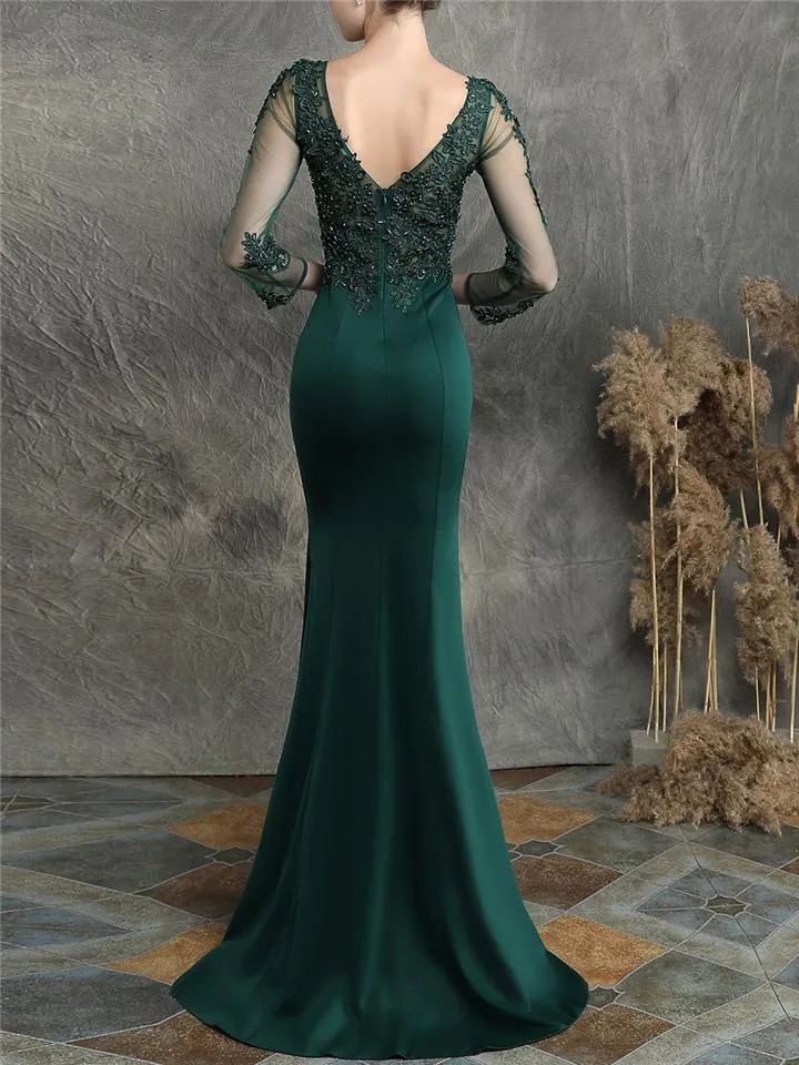 Pretty V Neck Tulle Sleeve Backless Mermaid Dress for Evening Party