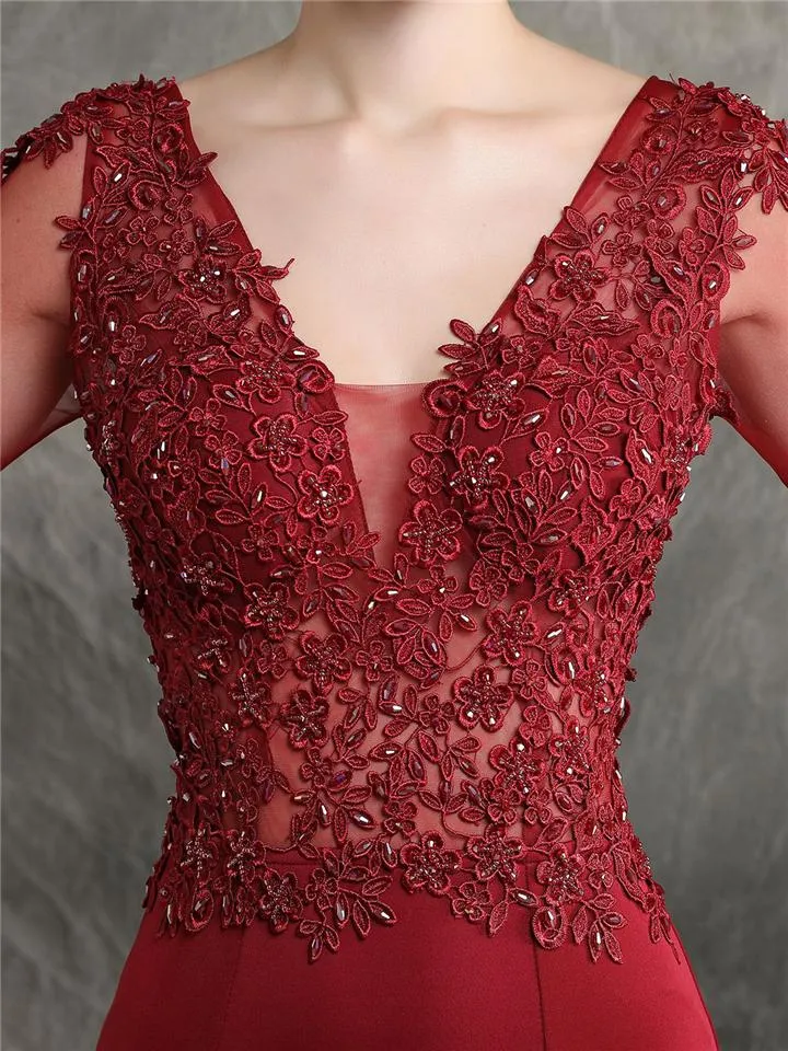 Pretty V Neck Tulle Sleeve Backless Mermaid Dress for Evening Party