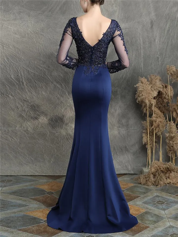 Pretty V Neck Tulle Sleeve Backless Mermaid Dress for Evening Party