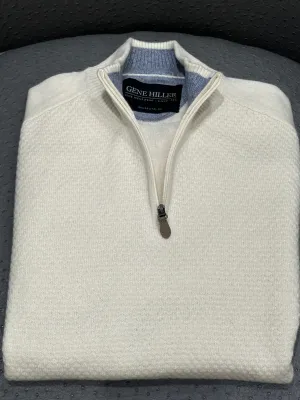 Quarter Zip Mock Neck Popcorn Woven Sweater, 100% Cashmere - White