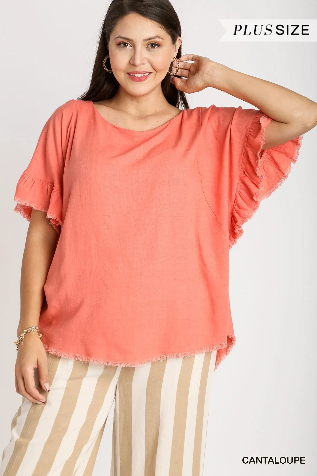 Rebecca Linen Blend Short Ruffle Sleeve In Cantaloupe