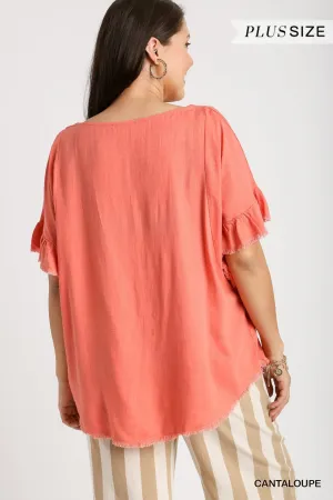 Rebecca Linen Blend Short Ruffle Sleeve In Cantaloupe