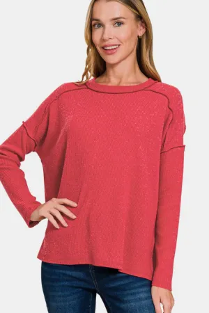 Red Exposed Seam Brushed Round Neck Sweater
