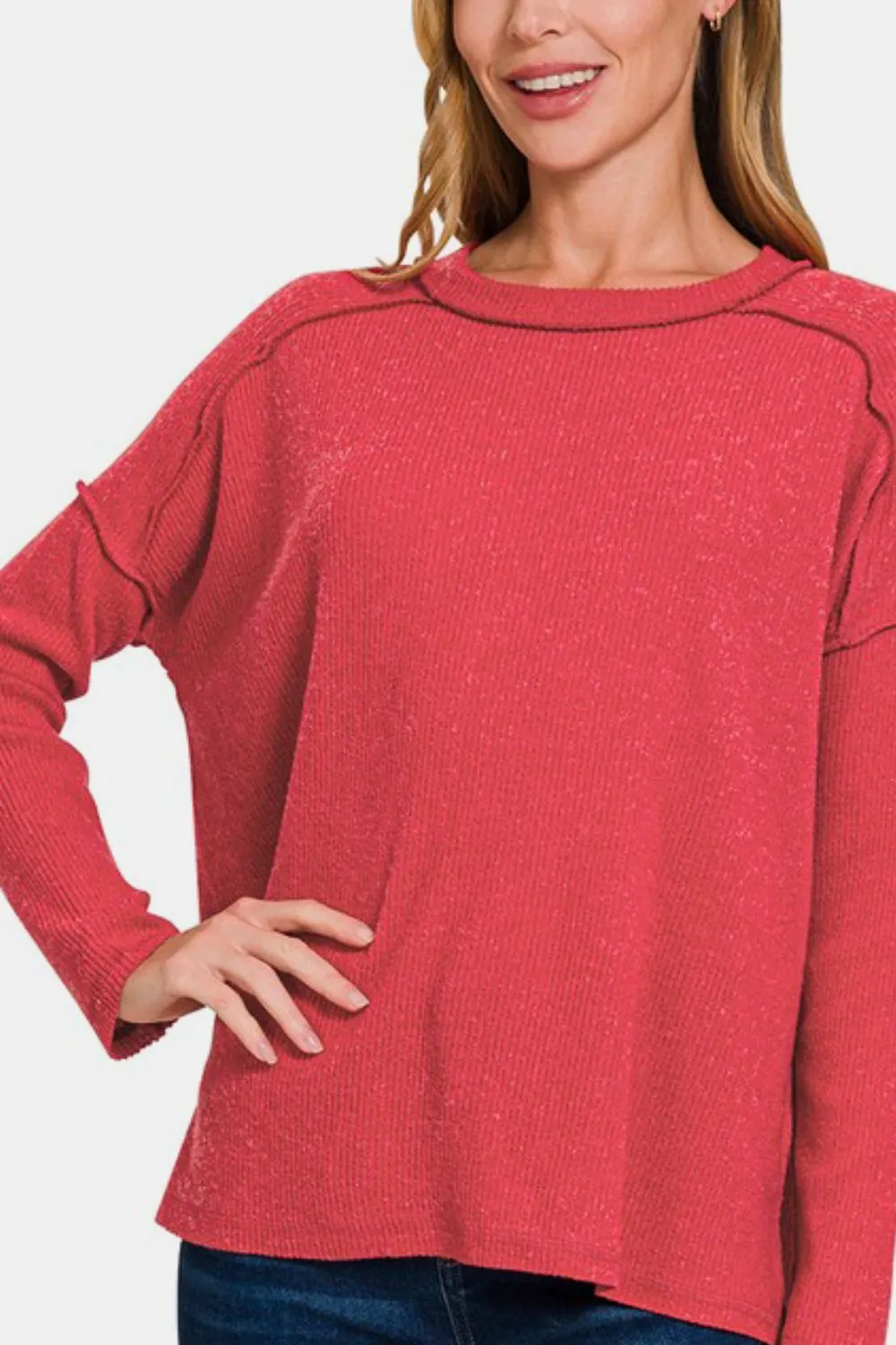 Red Exposed Seam Brushed Round Neck Sweater