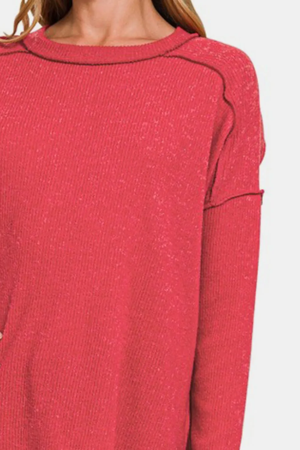 Red Exposed Seam Brushed Round Neck Sweater
