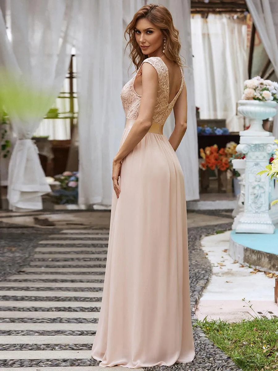 Robe de demoiselle d'honneur classique à col rond et dos en dentelle(Vente finale)