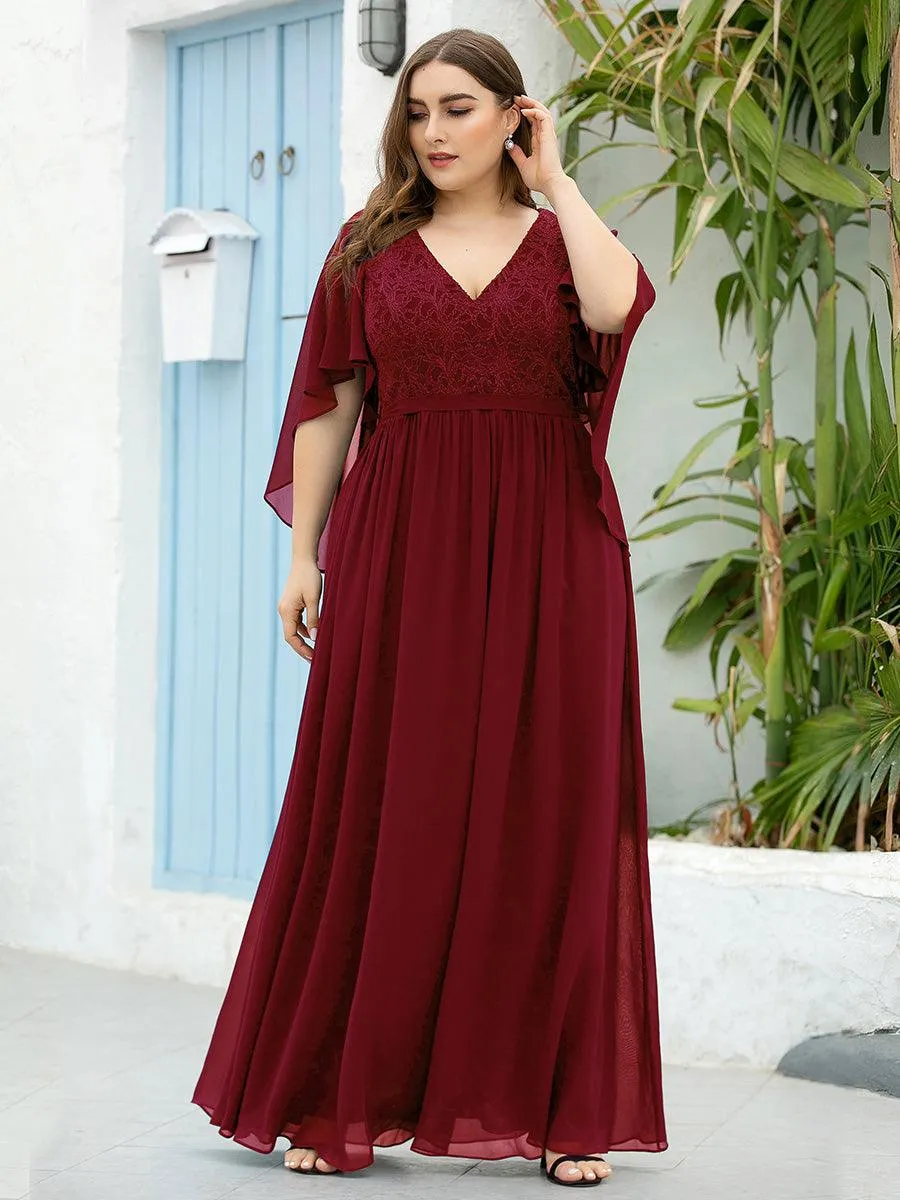 Robe de Soirée Grande Taille à Col en V Profond avec Dentelle(Vente finale)