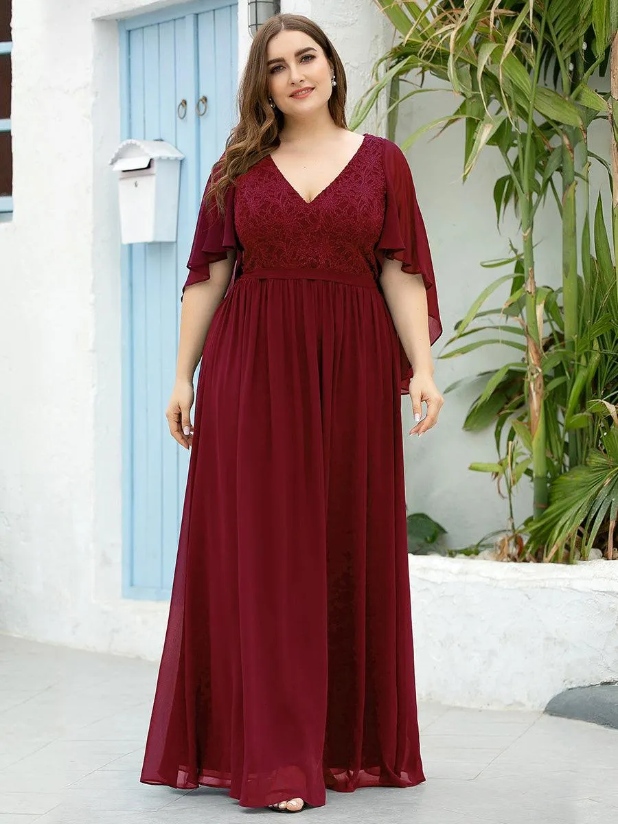 Robe de Soirée Grande Taille à Col en V Profond avec Dentelle(Vente finale)