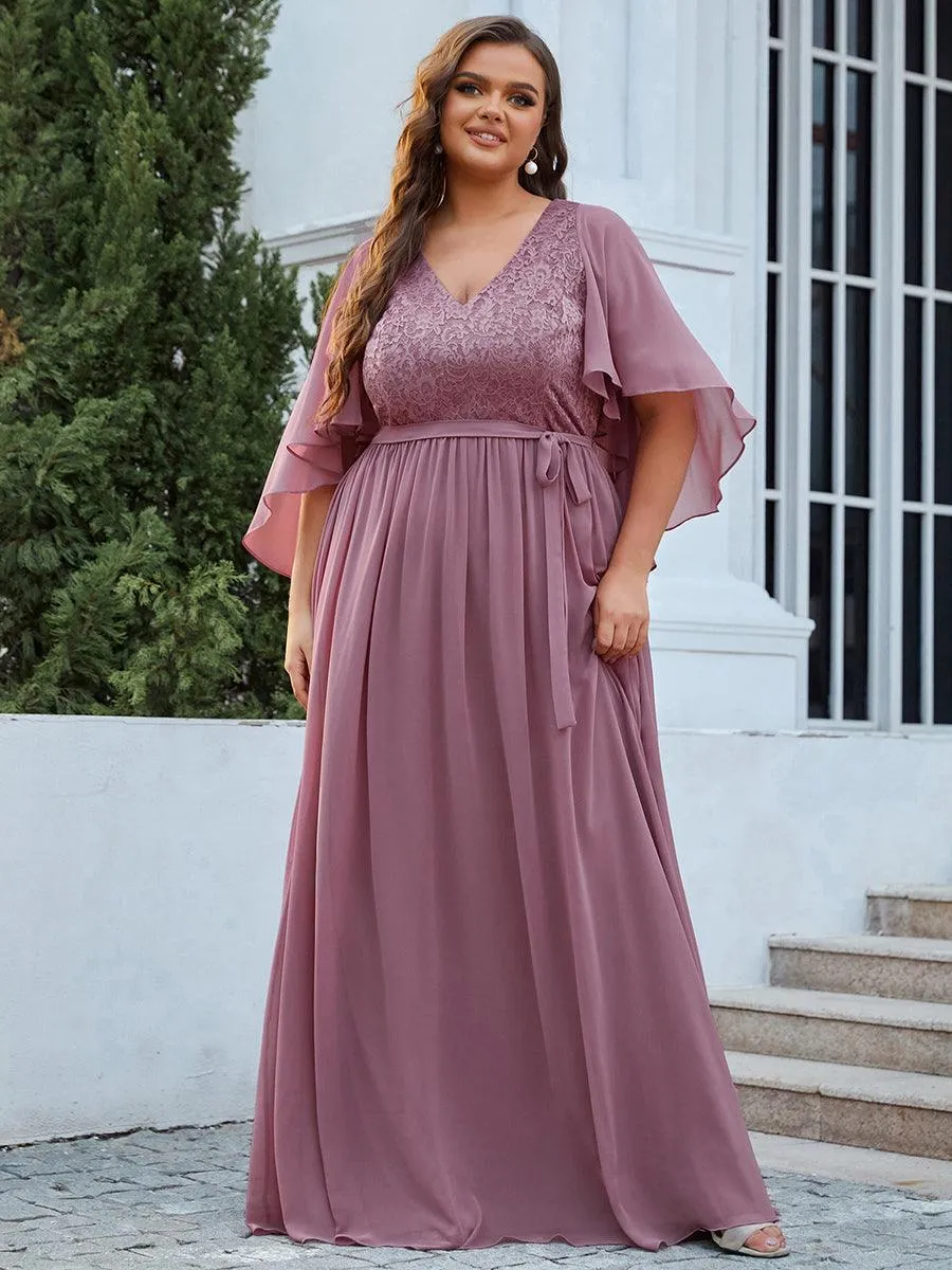 Robe de Soirée Grande Taille à Col en V Profond avec Dentelle(Vente finale)