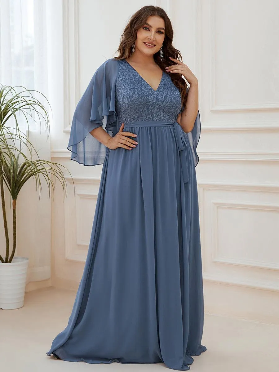 Robe de Soirée Grande Taille à Col en V Profond avec Dentelle(Vente finale)