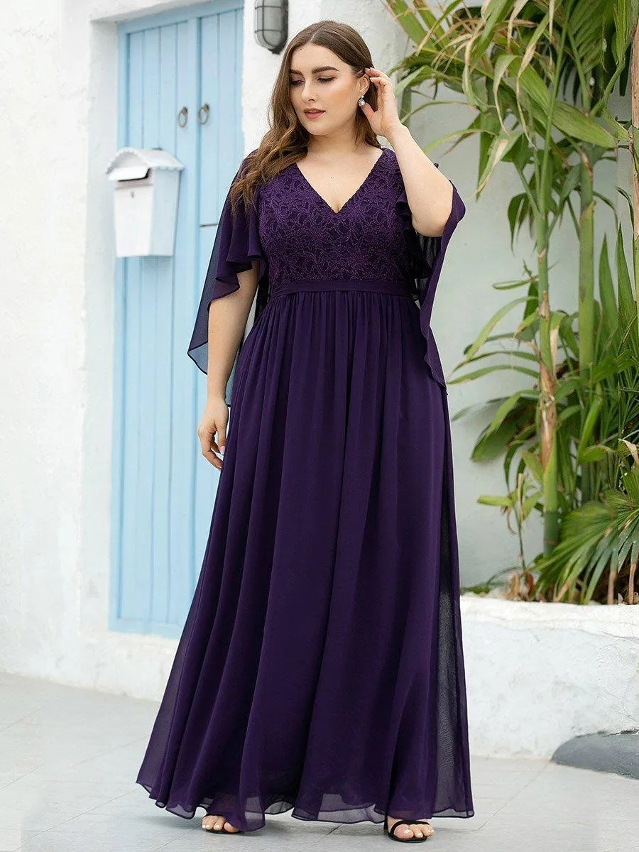 Robe de Soirée Grande Taille à Col en V Profond avec Dentelle(Vente finale)