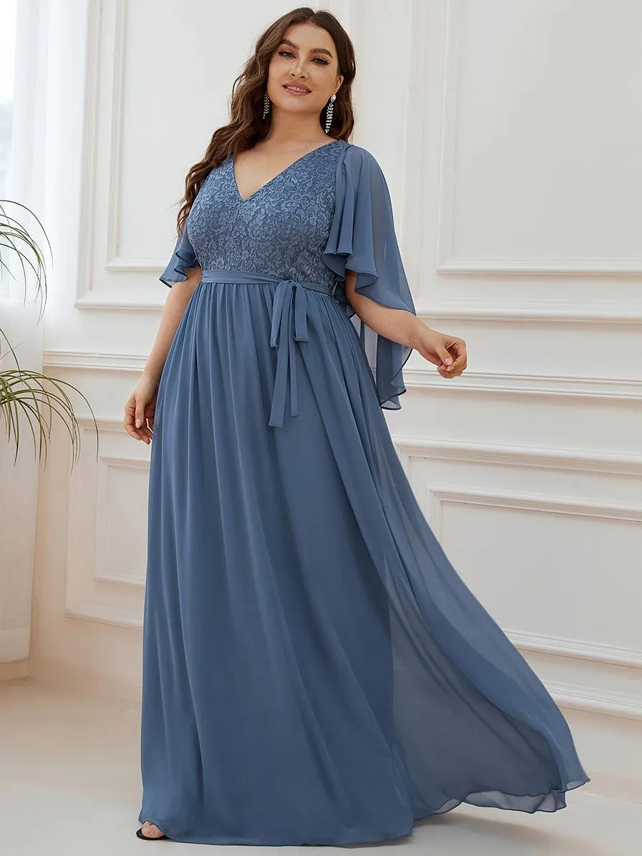 Robe de Soirée Grande Taille à Col en V Profond avec Dentelle(Vente finale)