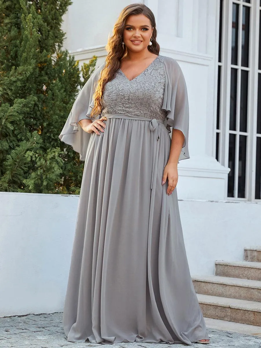 Robe de Soirée Grande Taille à Col en V Profond avec Dentelle(Vente finale)