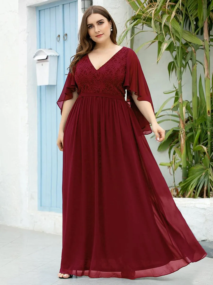Robe de Soirée Grande Taille à Col en V Profond avec Dentelle(Vente finale)