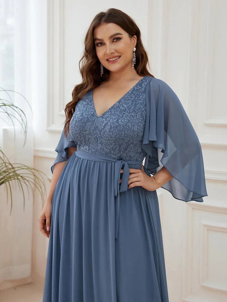 Robe de Soirée Grande Taille à Col en V Profond avec Dentelle(Vente finale)