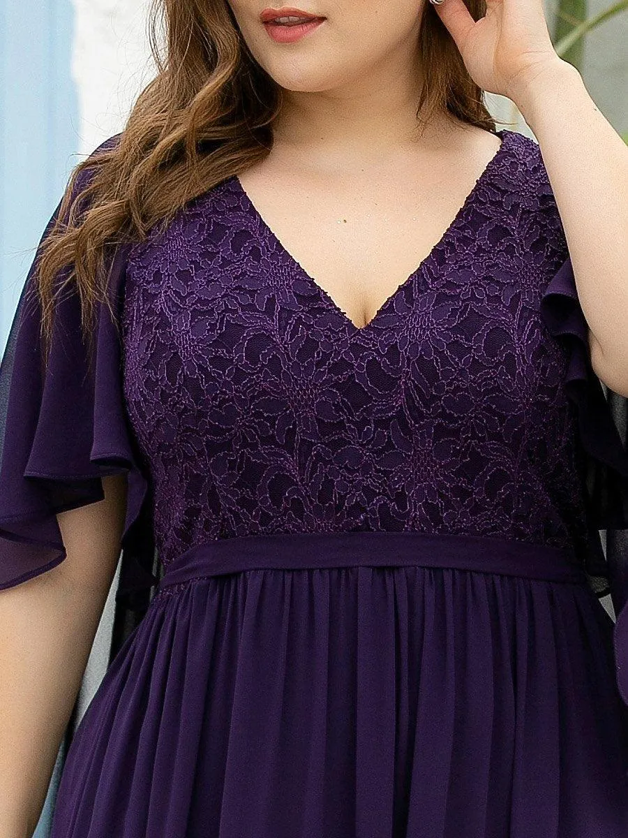 Robe de Soirée Grande Taille à Col en V Profond avec Dentelle(Vente finale)
