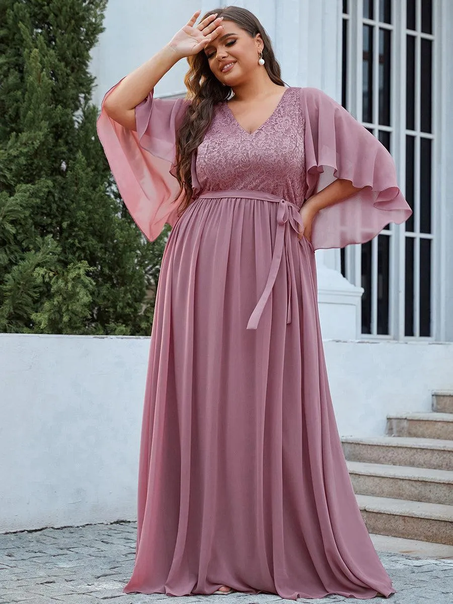 Robe de Soirée Grande Taille à Col en V Profond avec Dentelle(Vente finale)