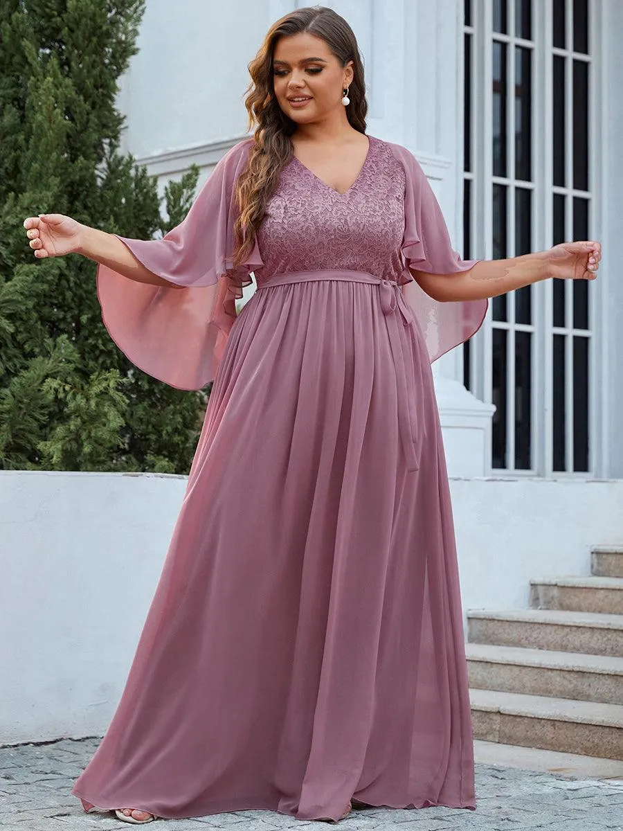 Robe de Soirée Grande Taille à Col en V Profond avec Dentelle(Vente finale)