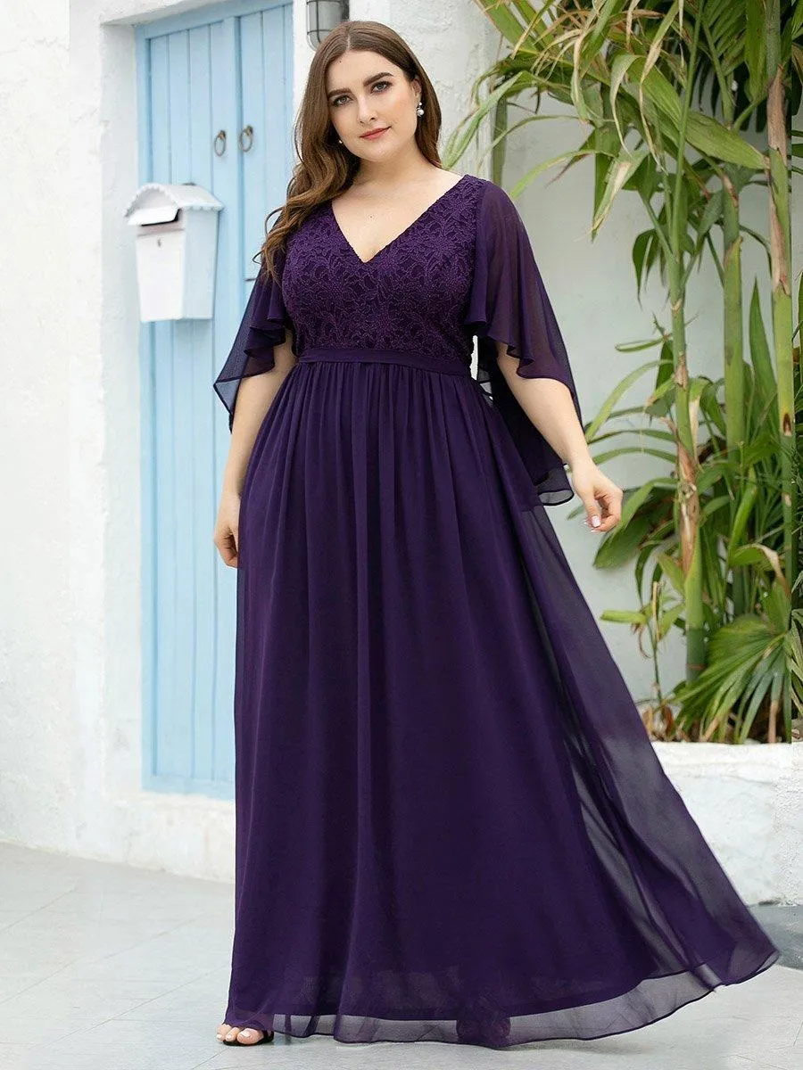 Robe de Soirée Grande Taille à Col en V Profond avec Dentelle(Vente finale)