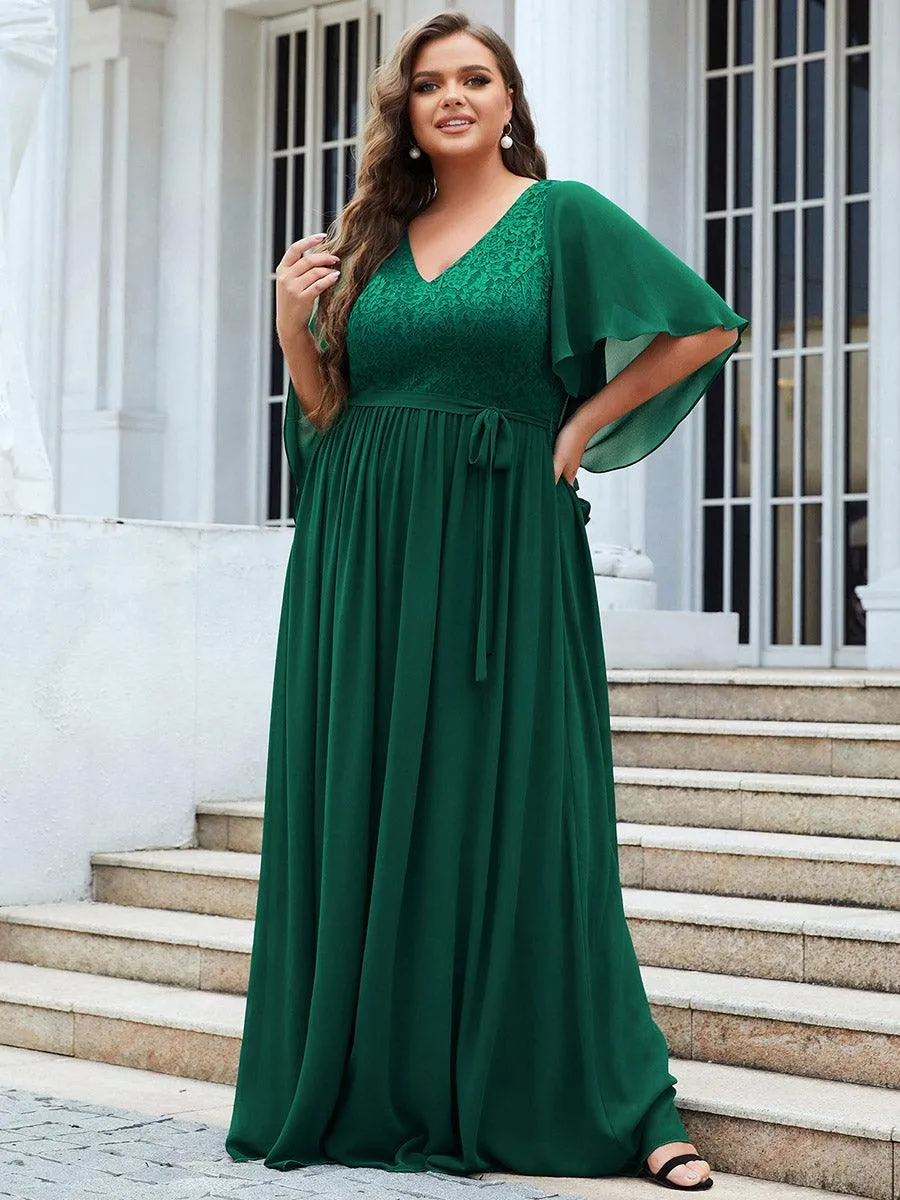 Robe de Soirée Grande Taille à Col en V Profond avec Dentelle(Vente finale)
