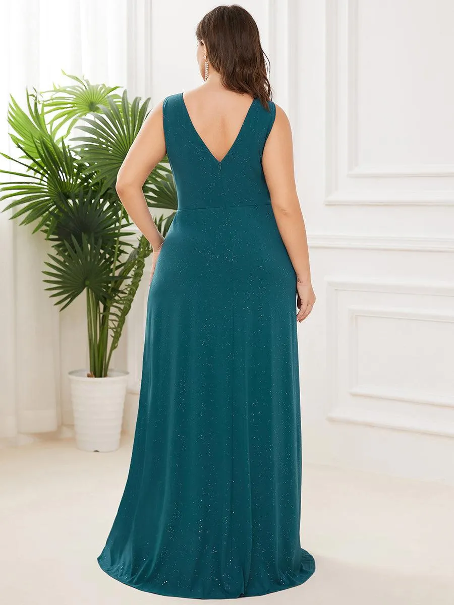 Robe de soirée Longue Scintillante à Col en V avec Fente Latérale