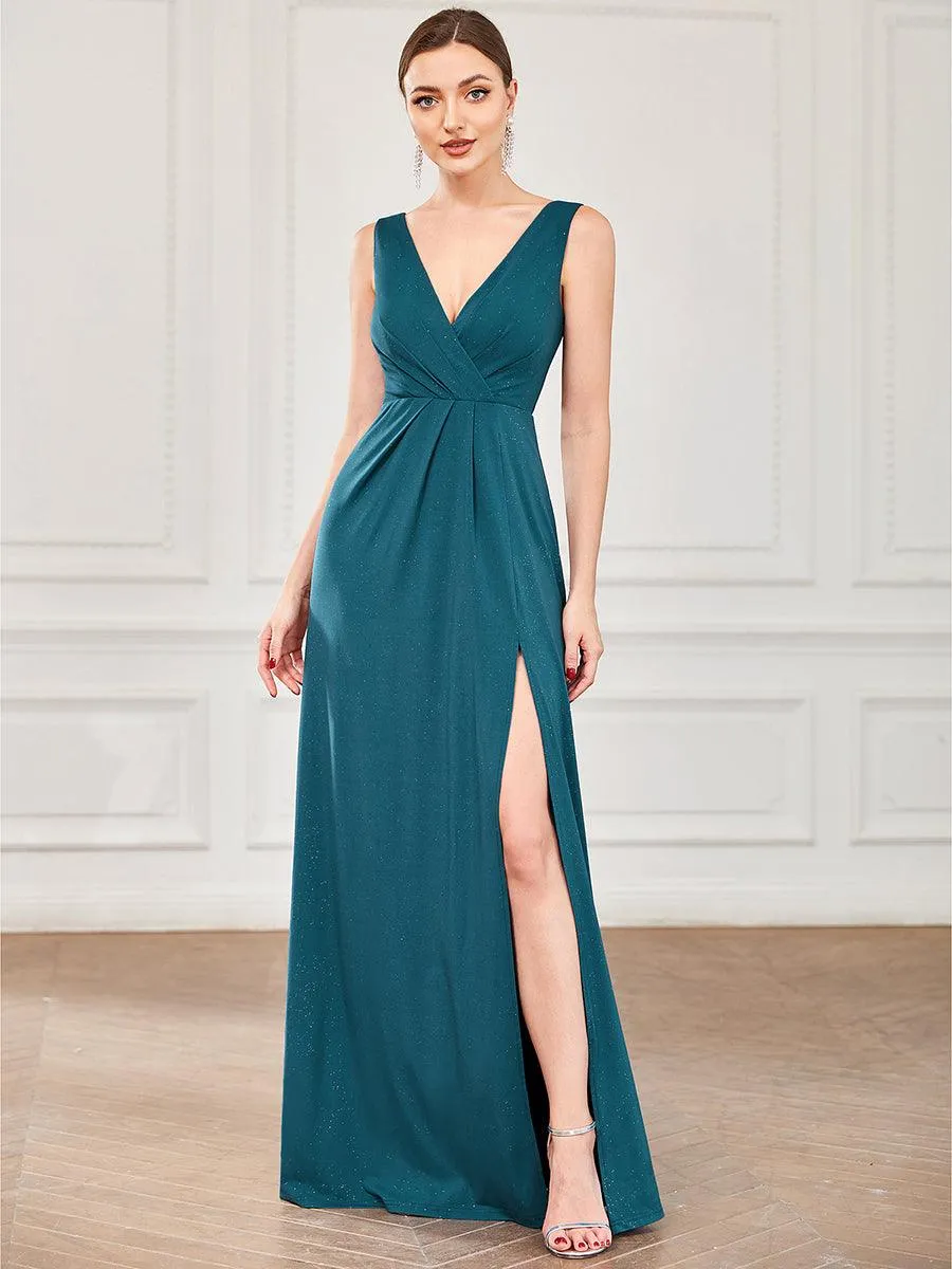 Robe de soirée Longue Scintillante à Col en V avec Fente Latérale