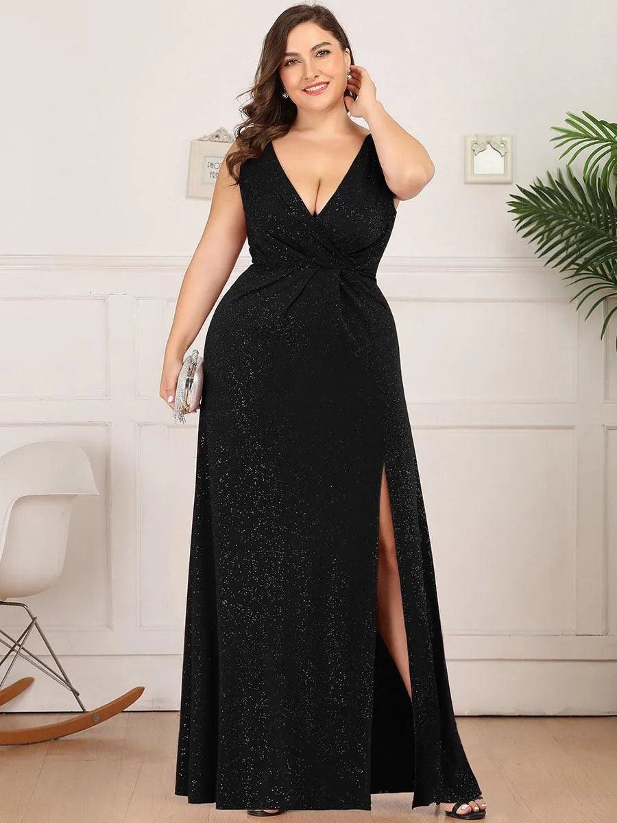 Robe de soirée Longue Scintillante à Col en V avec Fente Latérale
