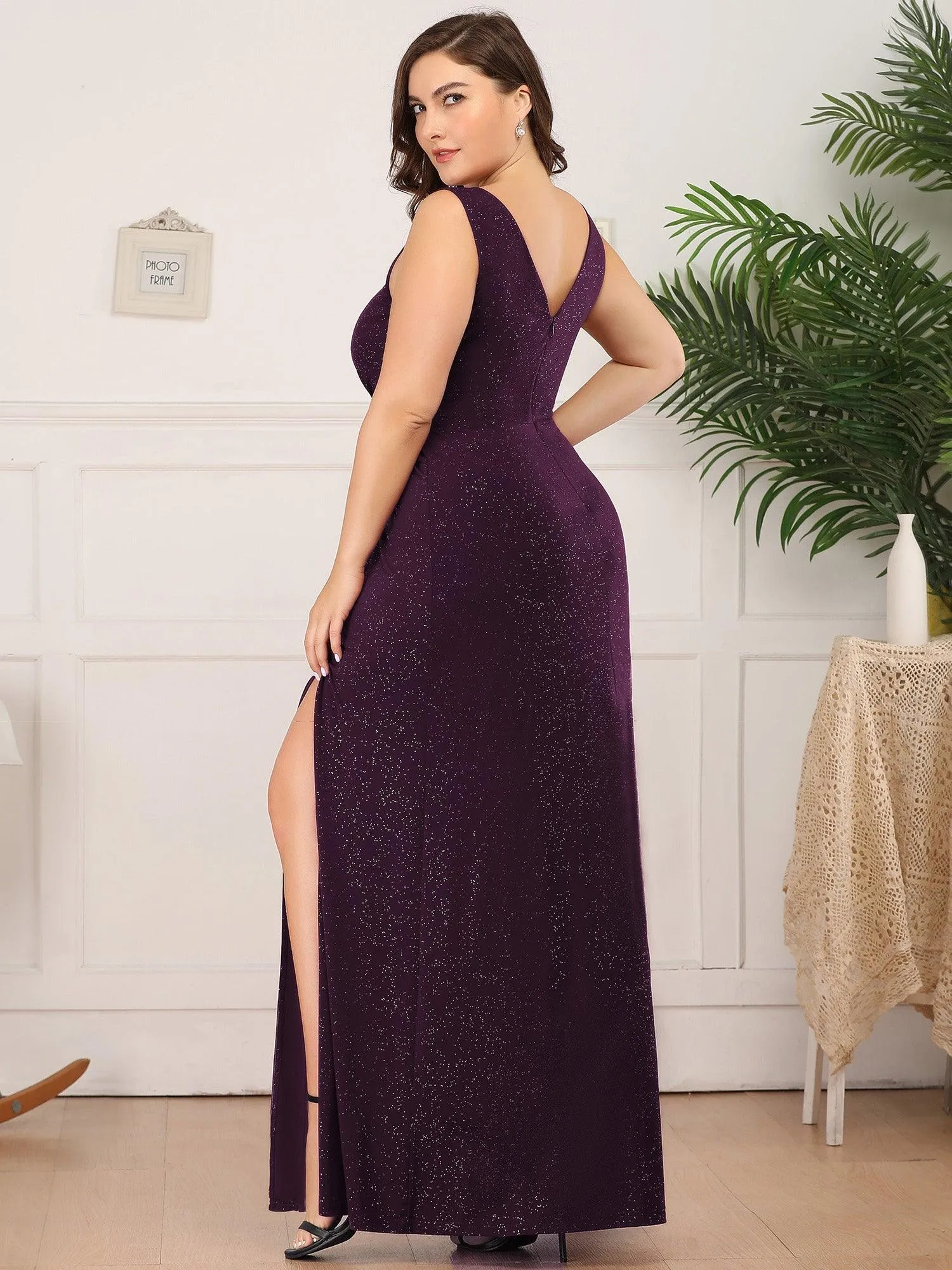 Robe de soirée Longue Scintillante à Col en V avec Fente Latérale