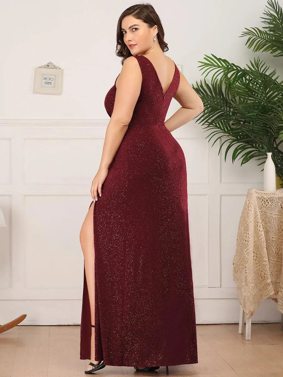 Robe de soirée Longue Scintillante à Col en V avec Fente Latérale