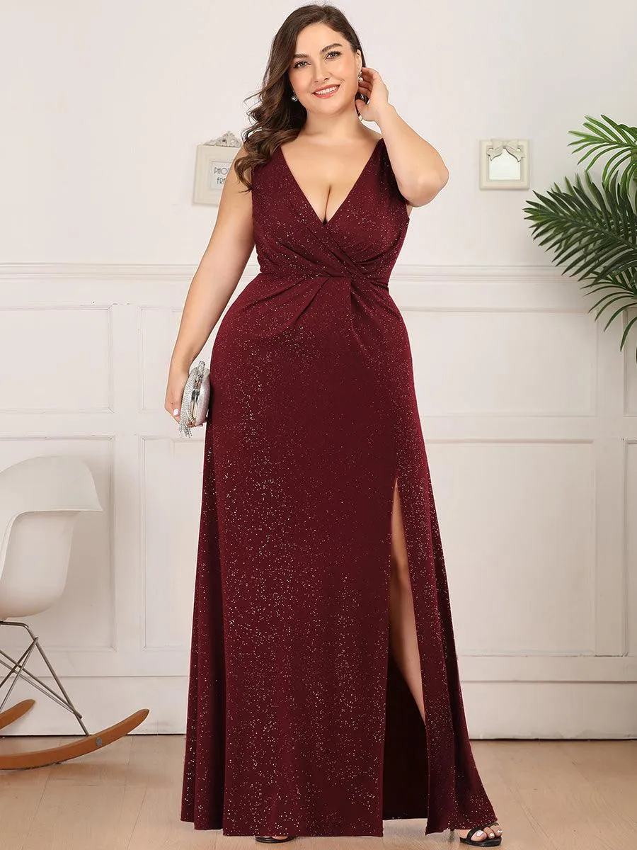 Robe de soirée Longue Scintillante à Col en V avec Fente Latérale
