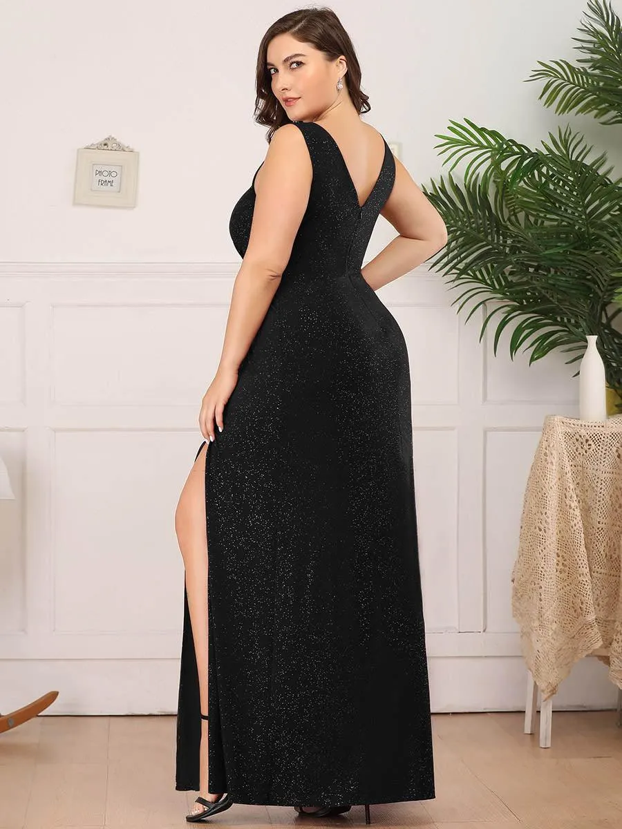 Robe de soirée Longue Scintillante à Col en V avec Fente Latérale