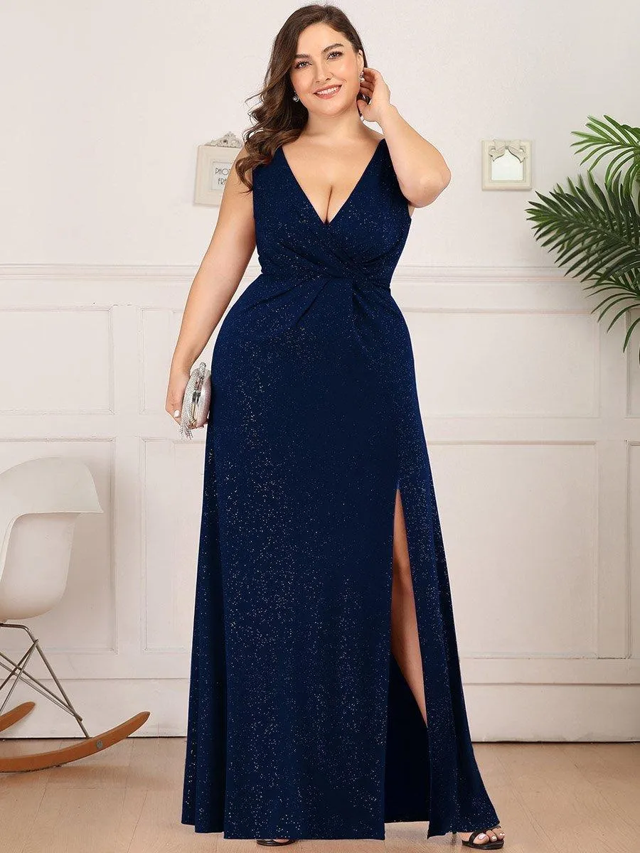 Robe de soirée Longue Scintillante à Col en V avec Fente Latérale